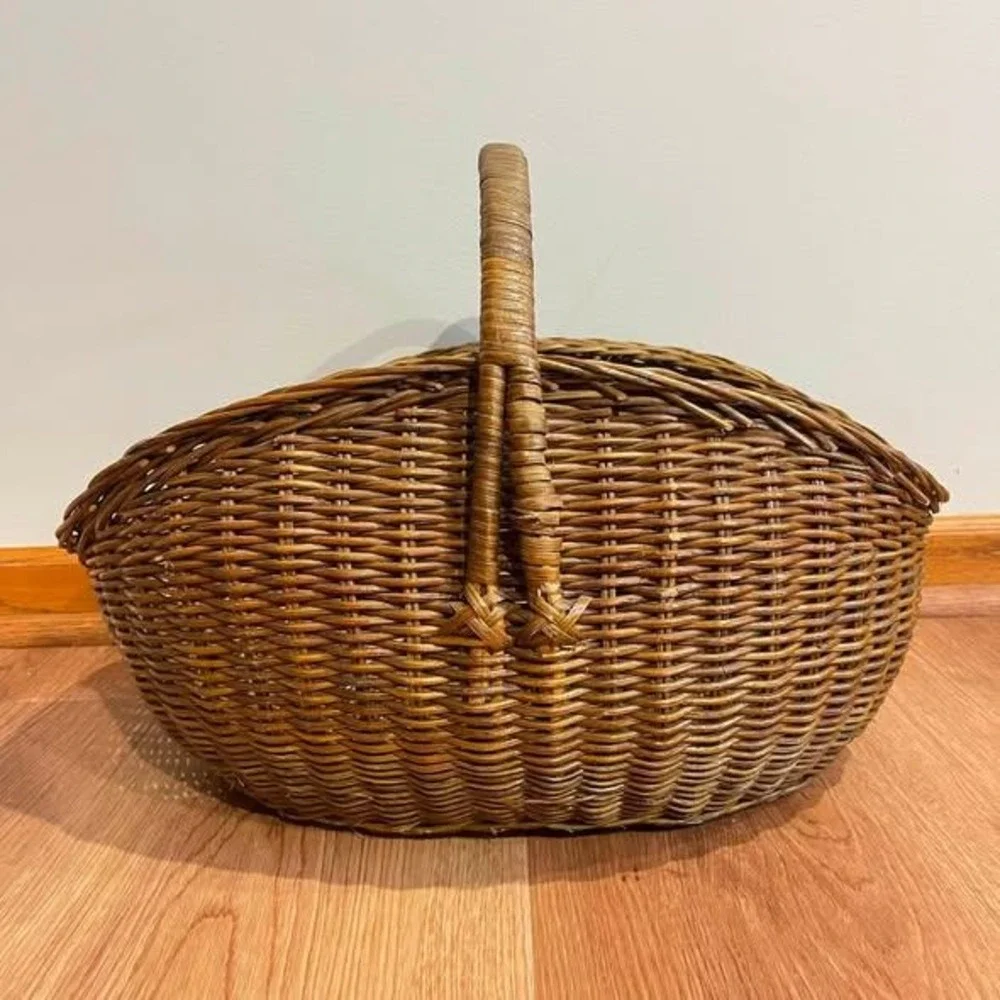 VTG Large French Basket Country Woven Wicker Rattan Flower Herb Gathering 19x15